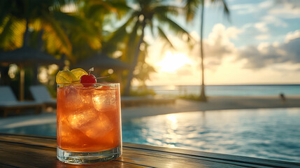 A poolside bar serving colorful cocktails under the shade of palm trees on a sunny afternoon