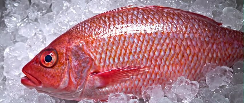 Anamorphic video of Close up fresh redfish snapper on crushed ice 