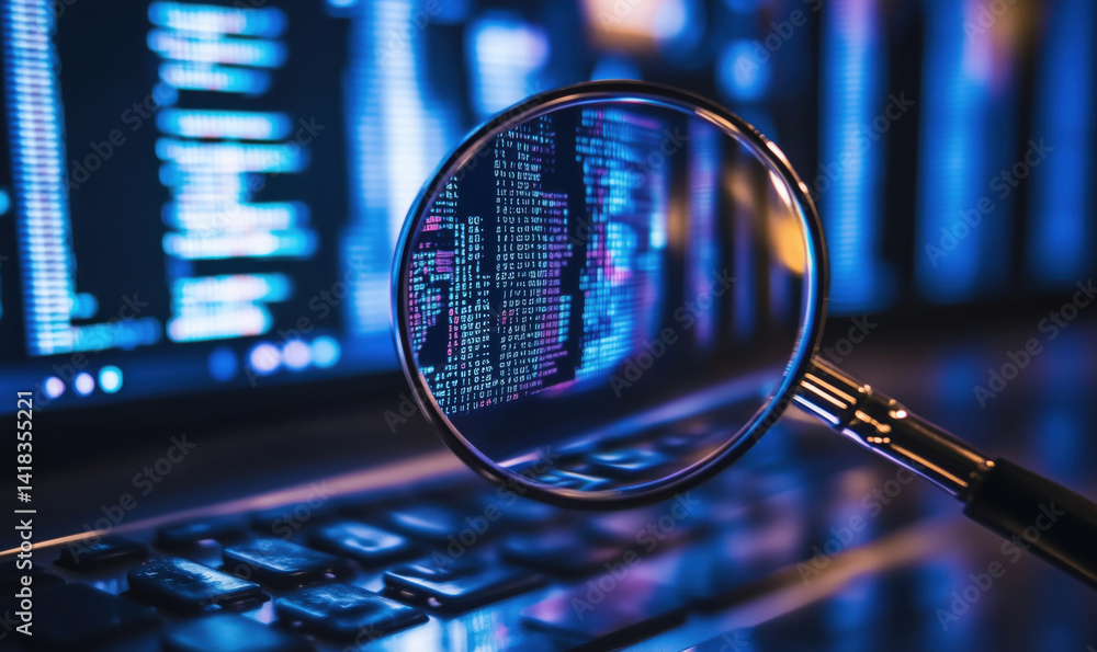Poster data analysis through magnifying glass revealing code on computer screen.