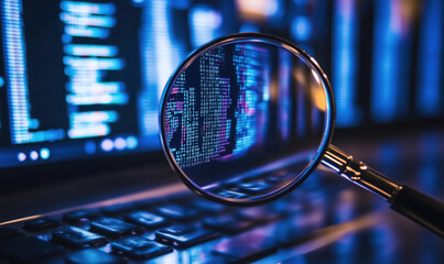 Data analysis through magnifying glass revealing code on computer screen.