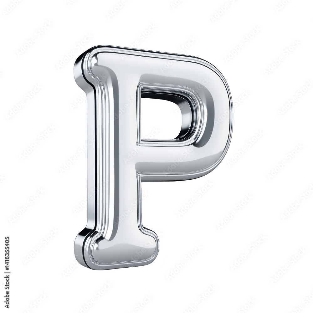 Poster shiny silver metallic letter p with reflective surface and 3d effect, isolated on transparency backg
