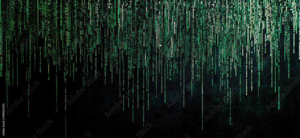 Aufkleber green matrix code rain effect background for digital art and technology themes, copy space for text.