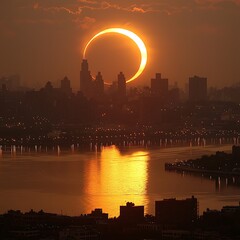 A breathtaking annular solar eclipse over a cityscape.