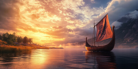 Viking longship sailing at sunset with dramatic clouds and serene waters.