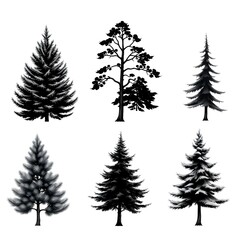 Obraz premium Six Detailed Black and White Tree Silhouettes Illustration