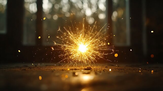 Sparkling fireworks ignite in a dark, dusty space.