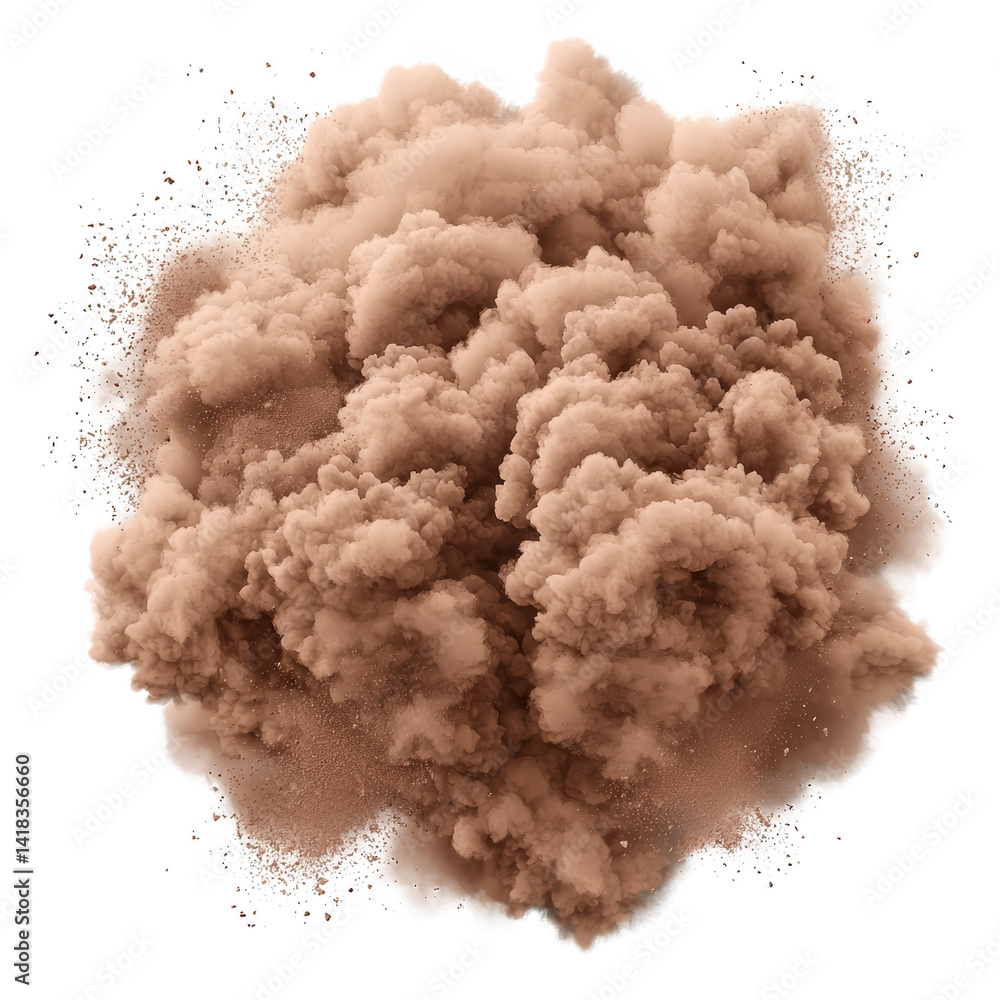 Poster large, dense cloud of brown dust particles is suspended in air, creating dramatic and dynamic visual