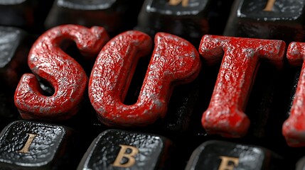 Rusty red letters "SORT" displayed on a computer keyboard.