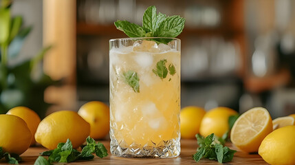 Fototapeta premium A refreshing glass of lemonade with ice and mint, sitting on a wooden table surrounded by fresh lemons