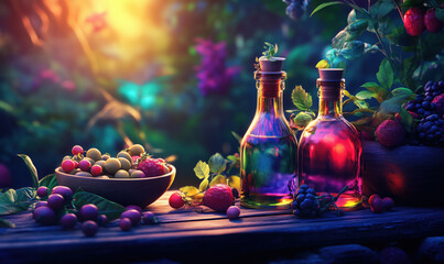 Colorful glass bottles and fresh fruits in a vibrant garden setting at sunset.