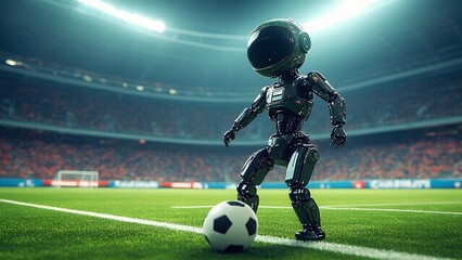 A robotic player stands poised to kick a soccer ball on a vibrant green field inside a futuristic stadium. Bright lights illuminate the arena filled with cheering fans at dusk.