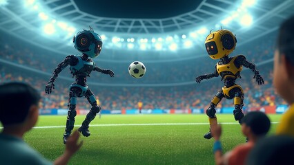 Robots in vibrant colors face off on a soccer field, focusing on the ball while excited spectators cheer from the sidelines under stadium lights.