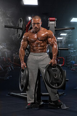 dedicated athlete lifts weights in a fitness gym showcasing impressive muscular definition and commitment to body sculpting. The atmosphere is energetic and motivating.