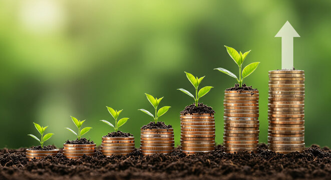 Nature and Financial Growth Concept with Seedlings Growing from Coin Stacks &ndash; Sustainable Investment Visualization

