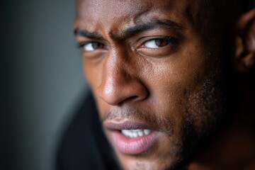 A close-up view of a man with an emotional and gritty expression, capturing raw feelings of contemplation and intensity in a dramatic light setting.