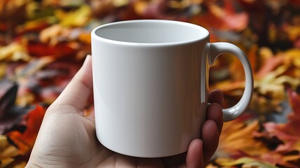 White ceramic mug held in hand, surrounded by autumn leaves.