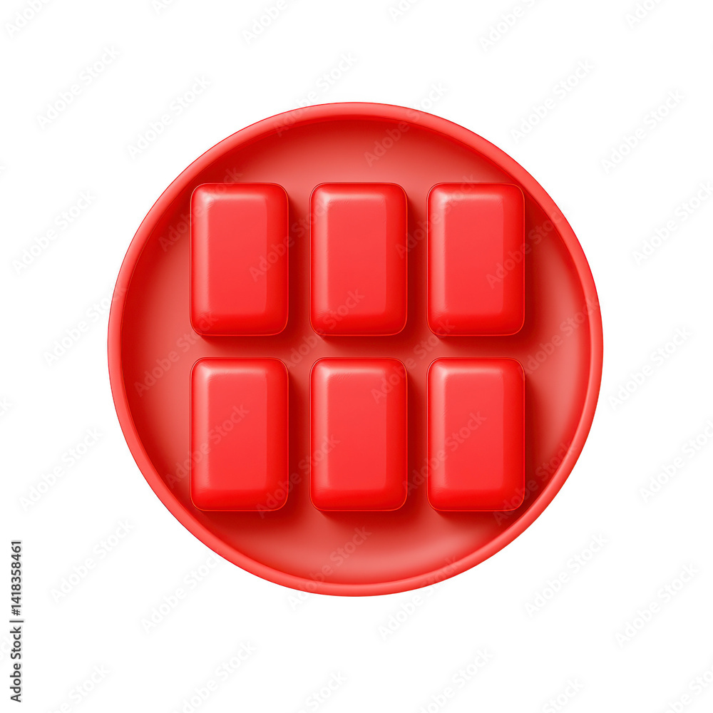 Poster round red plate holds six rectangular red blocks, creating symmetrical and minimalist design. vibran