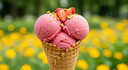 Strawberry Ice Cream Cone with Pistachios and Fruit