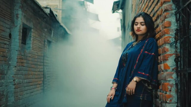 Pensive young woman in traditional salwar kameez leaning against aged brick wall amid hazy alleyway with metal barred window