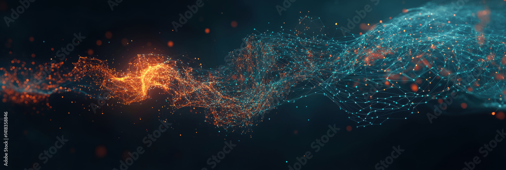 Poster Abstract digital wave of glowing particles and interconnected nodes, representing data flow and technology innovation.