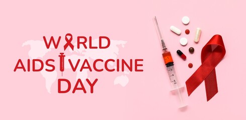 Red ribbon with pills and syringe on pink background. World AIDS Vaccine Day