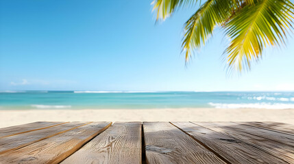 Empty Wooden Table On Tropical Beach With Palm Tree