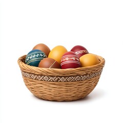 Naklejka premium Basket of decorated eggs isolated on white background
