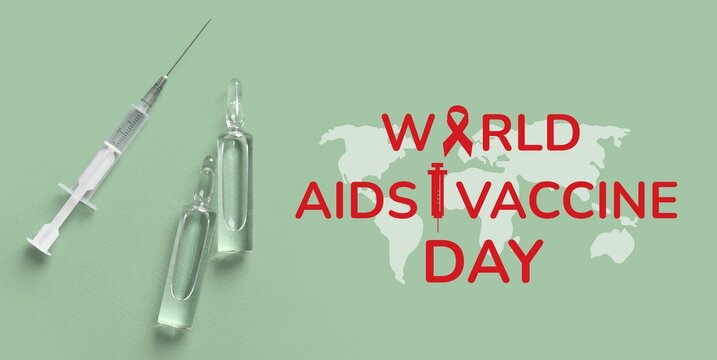 Ampules and syringe on green background. World AIDS Vaccine Day