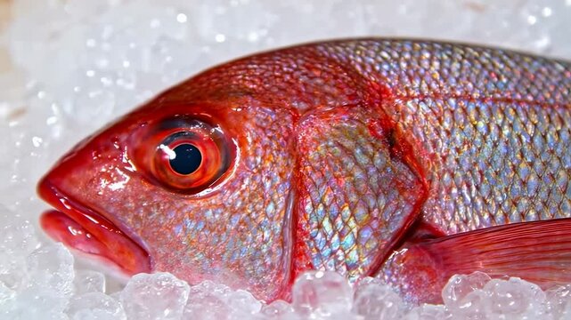 Close up fresh redfish snapper on crushed ice 