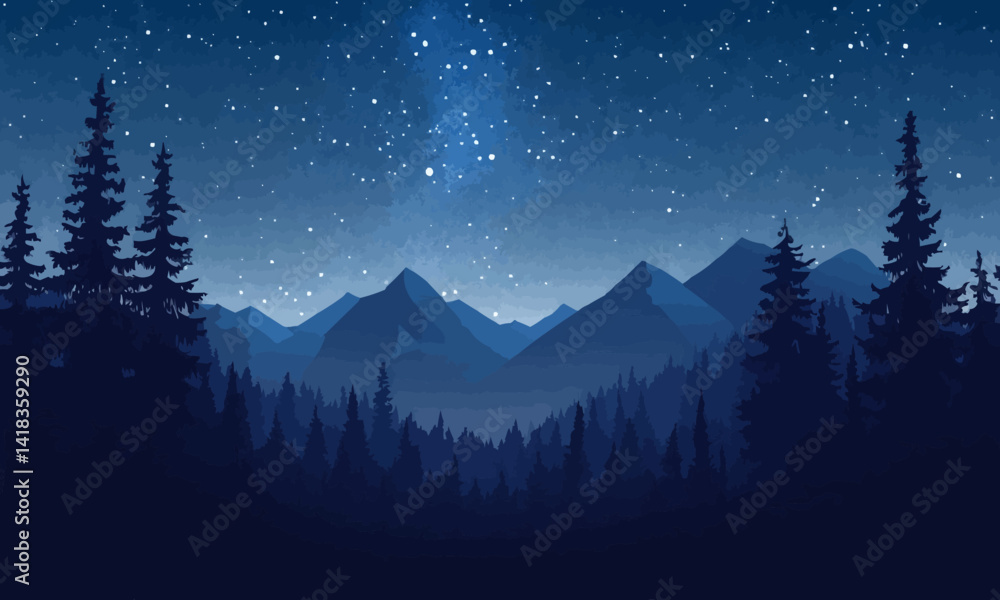 Poster night sky with a dense array of stars and a visible milky way galaxy over a silhouette of a forest a