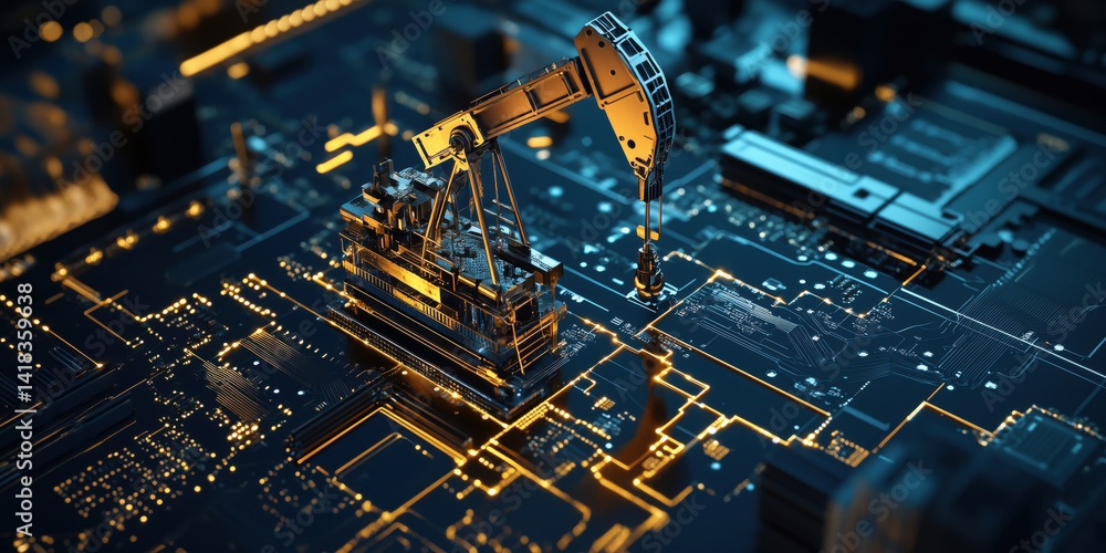 Poster futuristic robotic arm on circuit board, symbolizing advanced technology and automation in manufactu