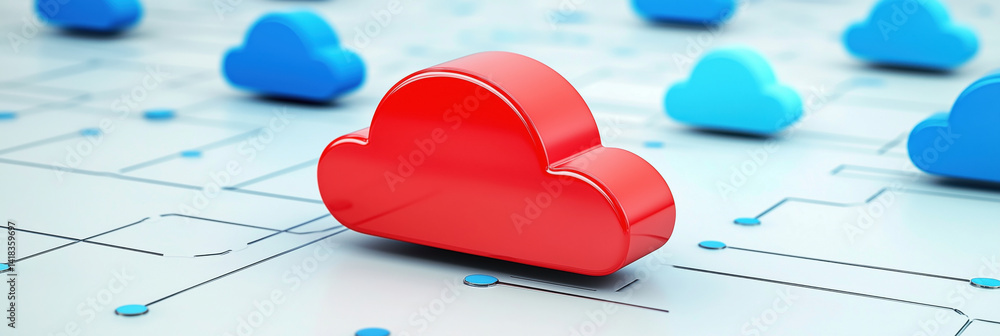 Poster cloud computing concept with red cloud icon surrounded by blue cloud icons on a digital circuit back