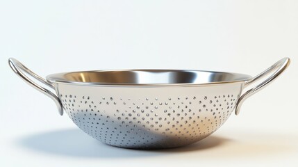 A shiny metal colander with handles, isolated on a white background.