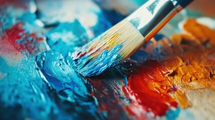 Close-up of paintbrush and palette with blue, red, and yellow paint swirls.