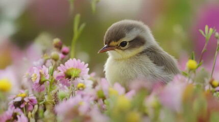 Adorable baby bird nestled among pink and yellow flowers in soft lighting.