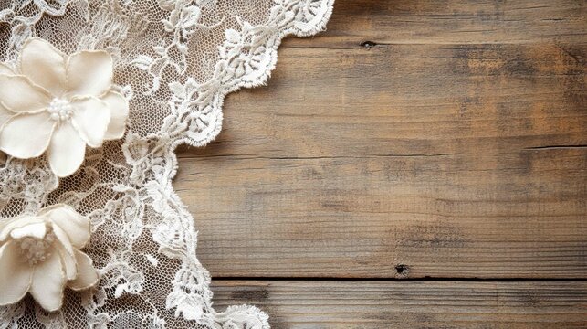 Lace fabric and flowers on rustic wooden background, elegant vintage backdrop.