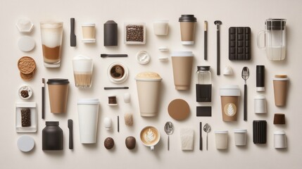 Organized coffee and accoutrements flat lay in a minimalist, neutral palette.