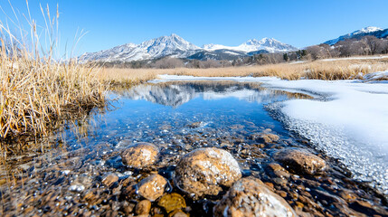 Serene winter stream landscape with snowy banks and mountain backdrop
