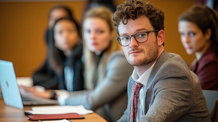 A diverse group of individuals sits around a conference table, actively engaging in a meeting