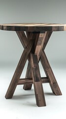 Rustic, round wooden side table with intricate X-shaped legs.