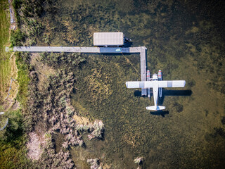 Small plane is sitting on a dock in a body of water