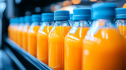 Row of orange juice bottles on a supermarket shelf.