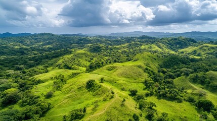 Naklejka premium Aerial view of lush green rolling hills under a dramatic cloudy sky.
