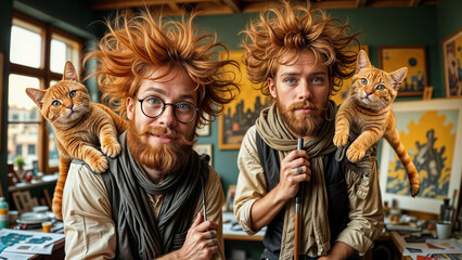 Bearded artist posing with doppelgänger in fantasy style