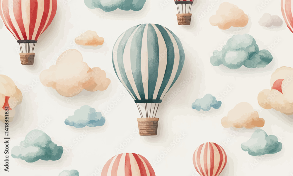 Aufkleber seamless pattern with colorful hot air balloons and fluffy clouds on a light background, creating a 
