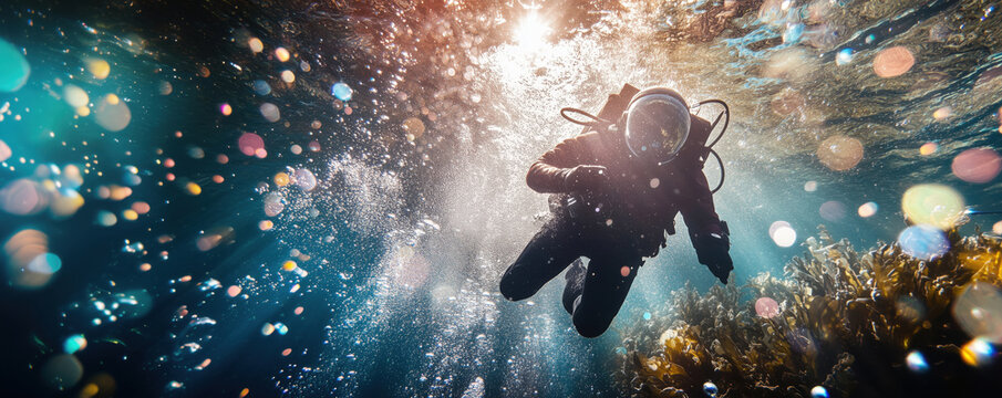 Underwater exploration with diver surrounded by bubbles and sunlight, vibrant marine life, and colorful reflections, copy space for text.