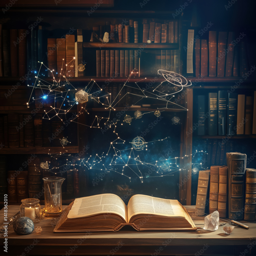 Poster cosmic exploration through ancient texts: open book surrounded by celestial bodies and star maps in 