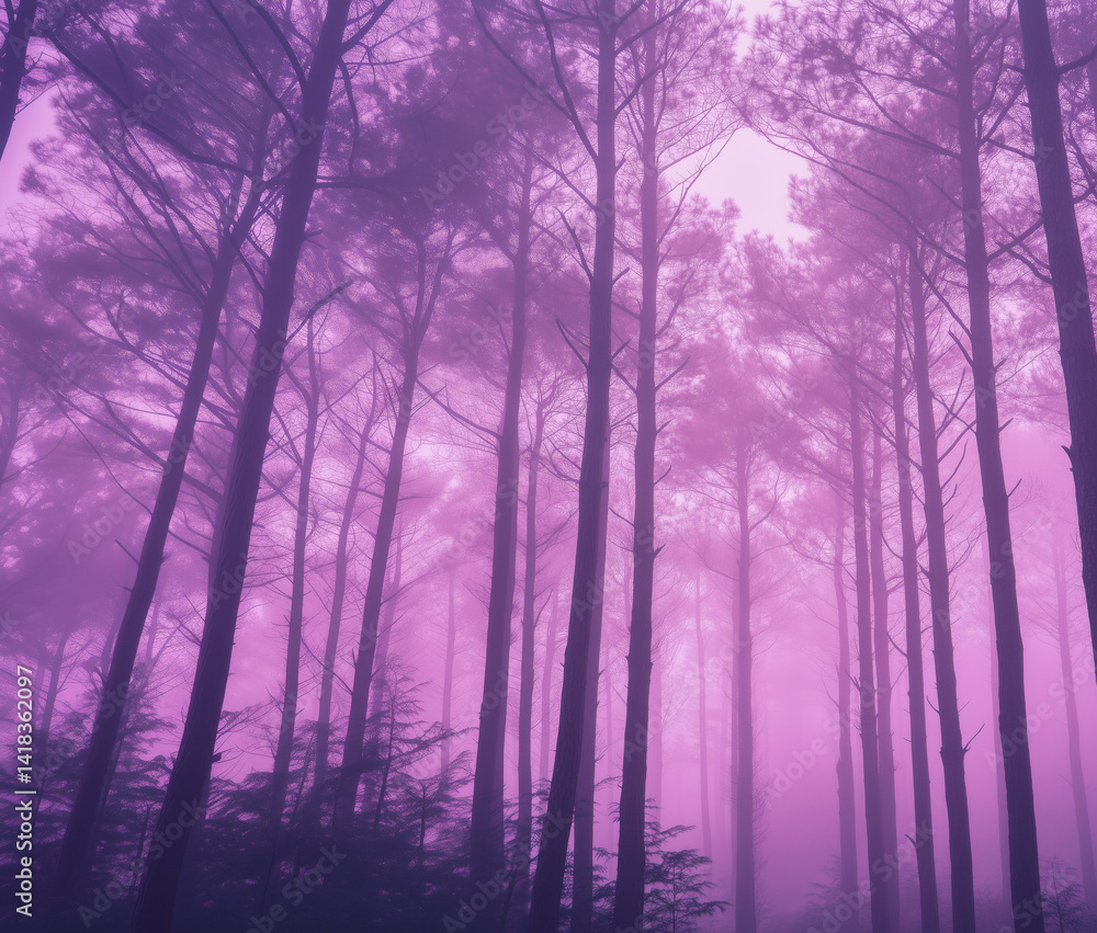 Aufkleber mysterious purple fog enveloping tall pine trees in dense forest, creating ethereal atmosphere and s