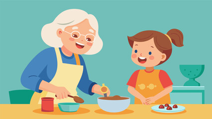 A grandmother and her grandchild laugh and chat while mixing together the ingredients for their famous cookies.. Vector illustration