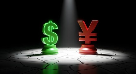  Usa-China Conflict Green Dollar vs Red Yen: Currency Chess Pawns on Cracked Ground. Economic Tension. AI Generated.
